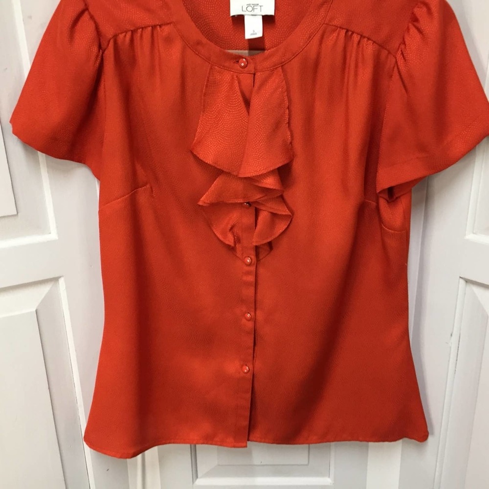 LOFT Orange Button Down Blouse w/ Ruffle Detail - Picture 5 of 16